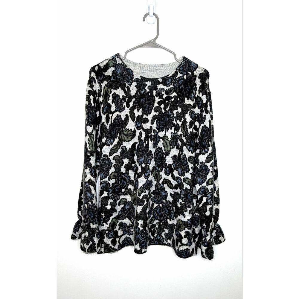 Democracy Sweater Womens 1X Floral Ruffle Flounce Sleeve Soft Chic Feminine